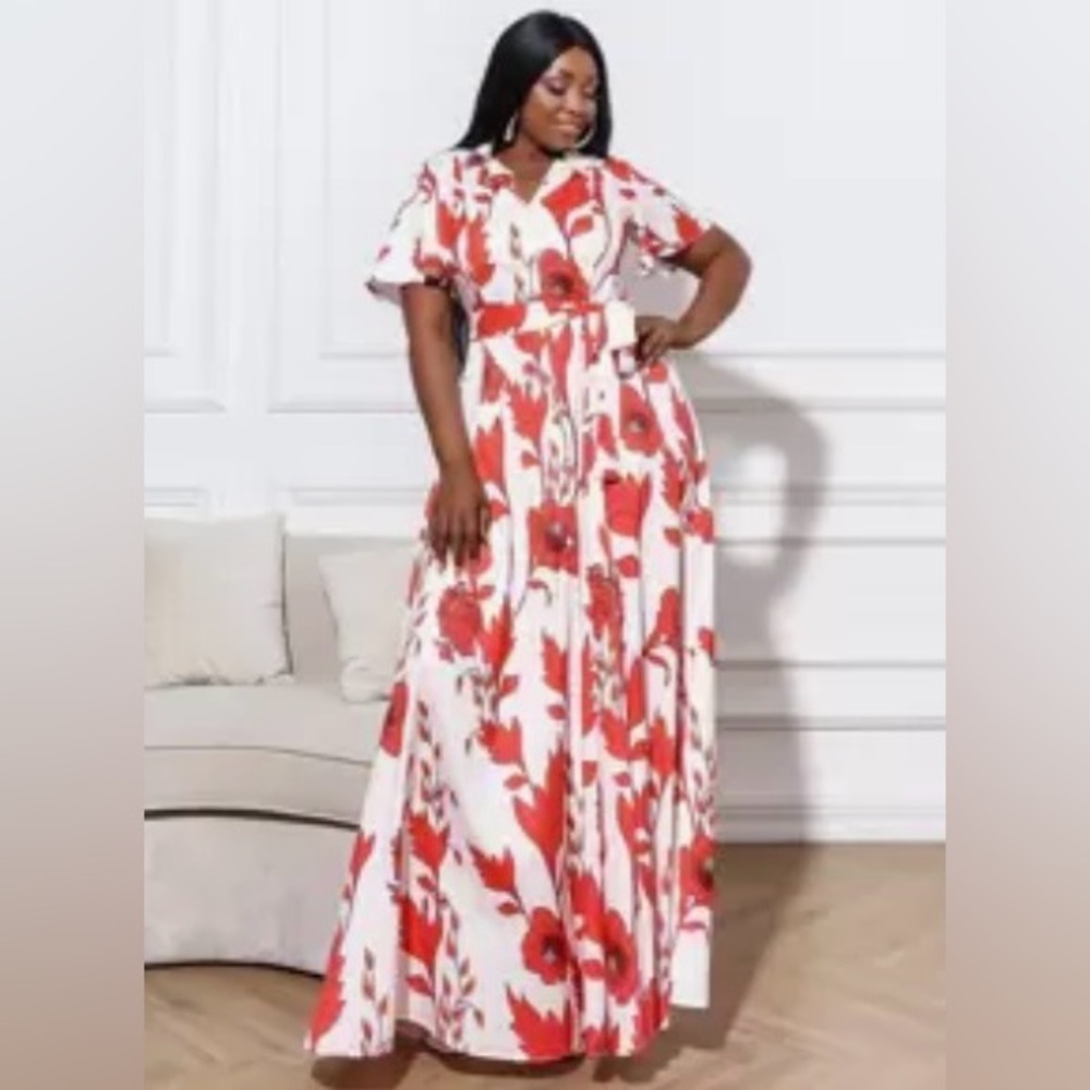 SHEIN - Red and‎ White Maxi Dress - Size OXL